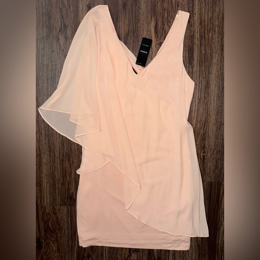 Fitted BeBe Blush Dress with Chiffon Asymmetrical Overlay Size Medium - Picture 2 of 9